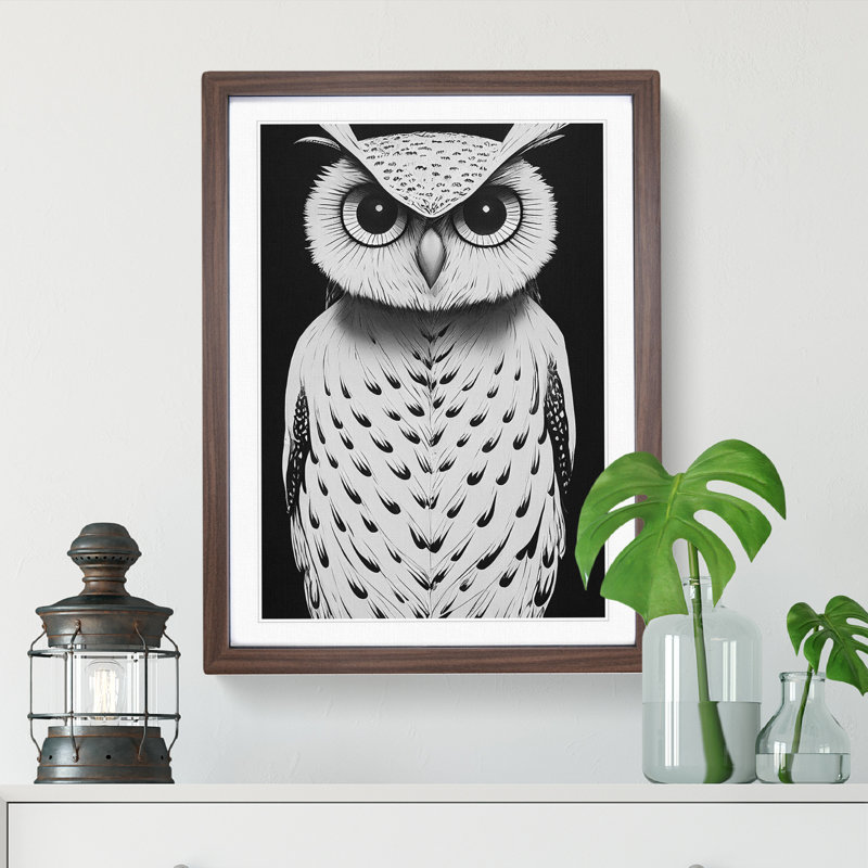 Owl Monochrome No.3 - Framed Print, 46cm H x 34cm W x 2cm D, Walnut