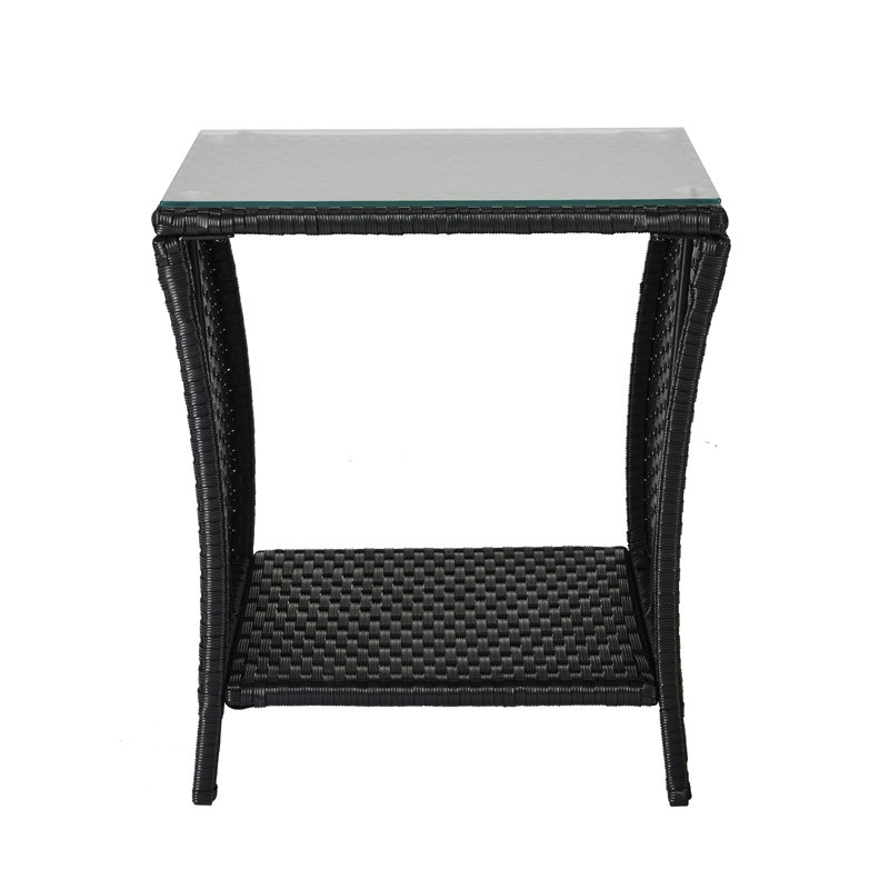 Ariabella 18" W x 18" D Glass Top Metal Square Patio Side Table with Shelf, Black
