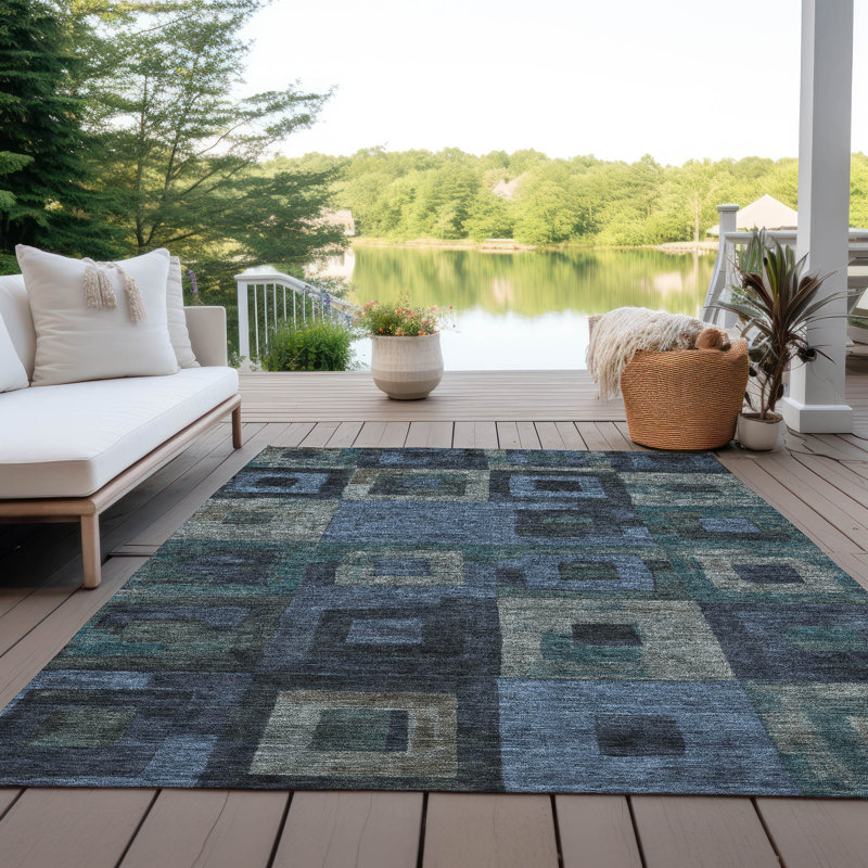 Machine Washable Blue Geometric Indoor/Outdoor Rug