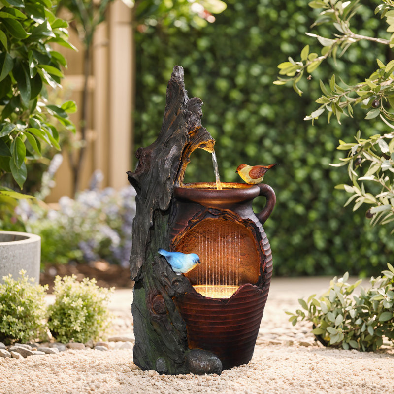 29.7'' H Rustic Polyresin Outdoor Water Fountain with LED Lights, Tree Trunk & Jar Waterfall Fountain with Adjustable Flow