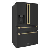 ZLINE Autograph 36 in. Counter-Depth Fridge w/ Water Dispenser in Black Steel & Gold Helix Handles