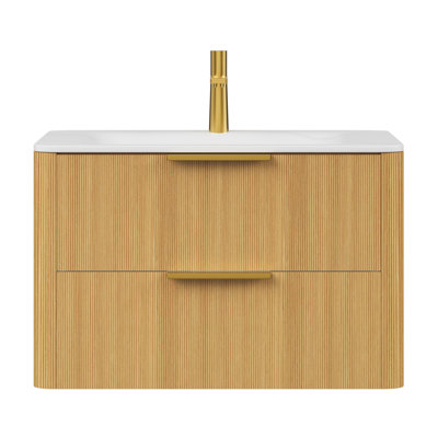 de salle de bain flottante de 5 pouces avec lavabo, lavabo en pierre frittée blanc de Carrare, armoire de rangement moderne en contreplaqué à grain de bois pour salle de bain contemporaine