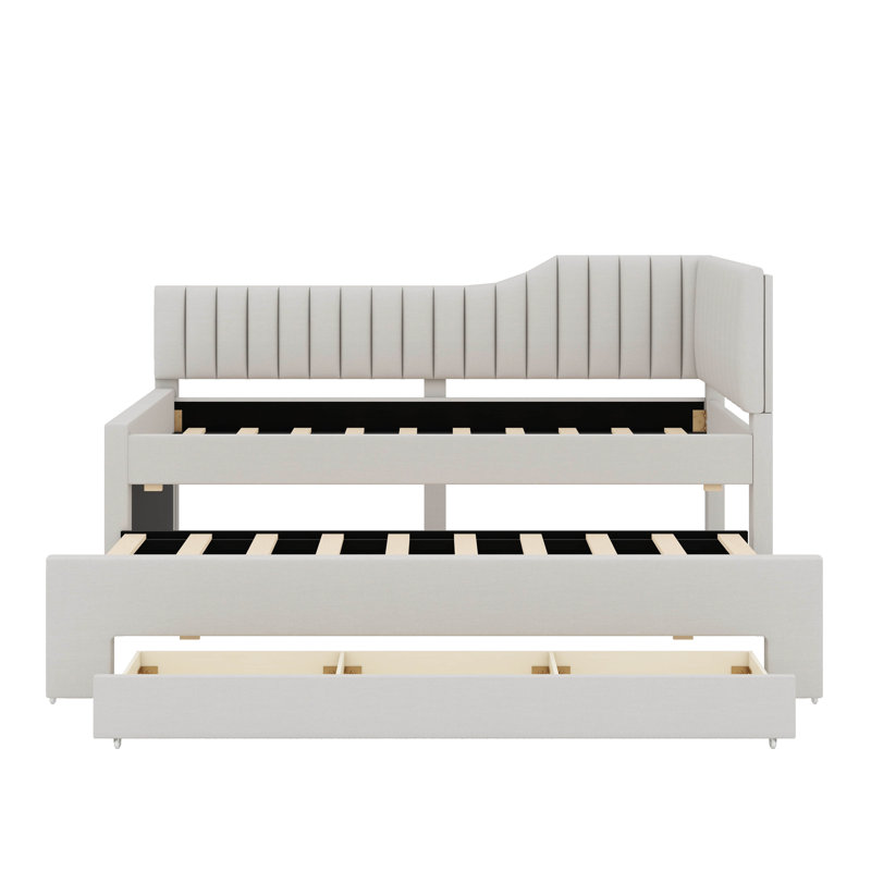 Softly-Padded Daybed Featuring A Roll-Out Trundle And  Roomy Drawers, Beige, Twin