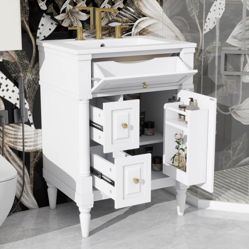 Meuble-lavabo autoportant de 24 po avec lavabo, tiroir ajustable et tablette ajustable 24 po, Blanc, Doré