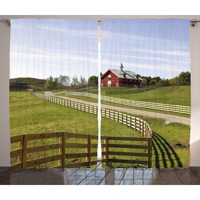 Farm House Long Photo of Flowing Fence of Country House in Rural Grassland Ranch Pastoral Graphic Print & Text Semi-Sheer Rod Pocket Curtain Panels -  Ambesonne, p_21620_108x84