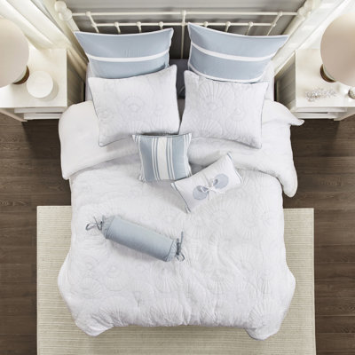 Oversized King Comforter In White With Blue Shell Quilting For Bedroom Textural Look