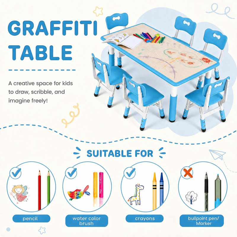 Kids Table and 6 Chairs Set, Height Adjustable Graffiti Desk, Preschool Activity Art Craft Table, for Daycare Classroom Home Boys and Girls Age 3-12 (Blue)
