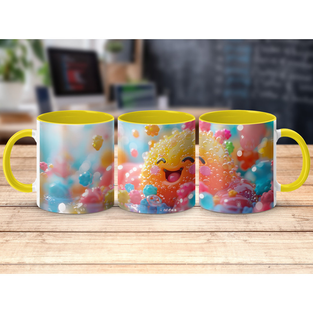 Colourful 3D Design 11oz Accent Mugs – White Ceramic Coffee Cup with a Yellow Handle and Interior