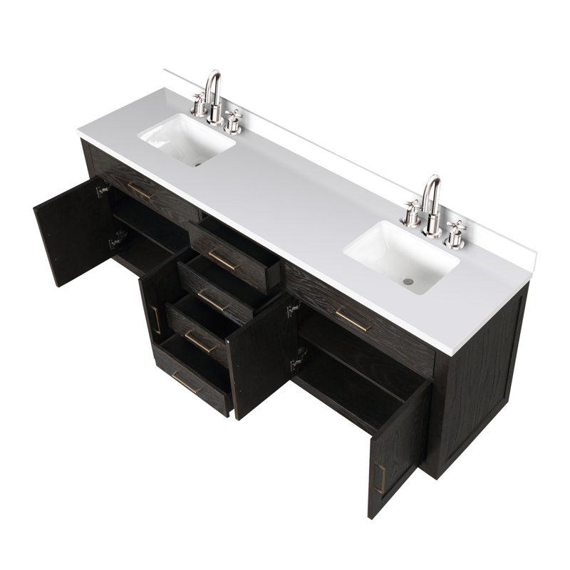 Meuble-lavabo double en chêne brun 84 po X P 22 po D, dessus en quartz blanc et ensemble de robinet, Chêne brun
