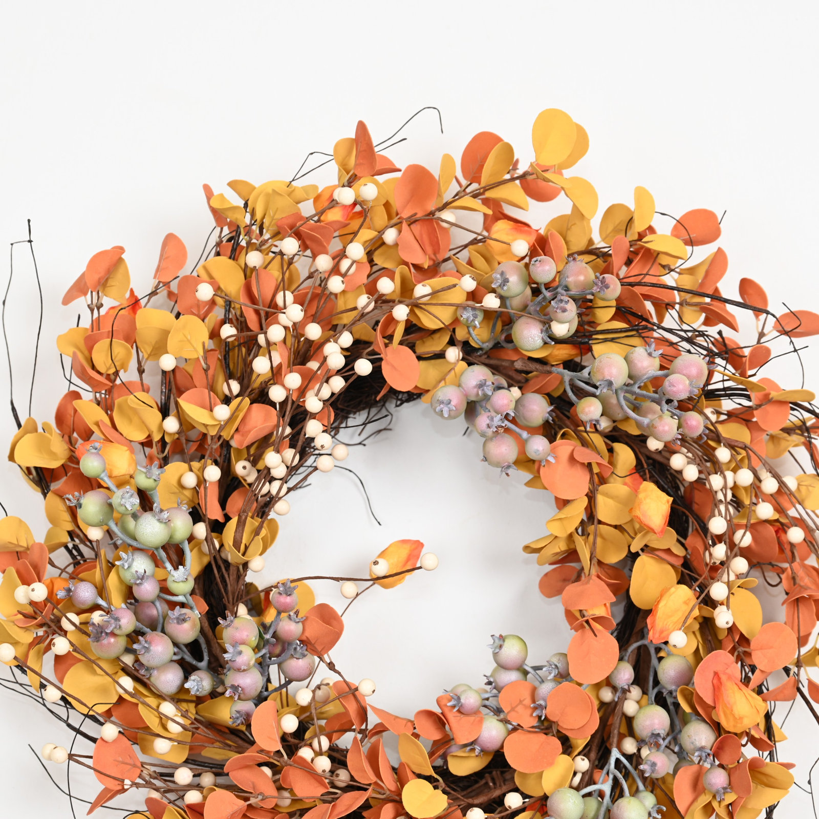 24" Handcrafted Eucalyptus Thanksgiving Wreath, Orange;Pink