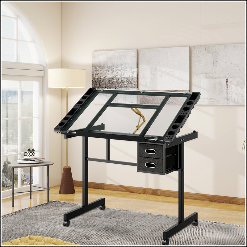 Bureau de dessin réglable avec 2 tiroirs en tissu, 4 roulettes et plateau inclinable pour des espaces de travail créatifs