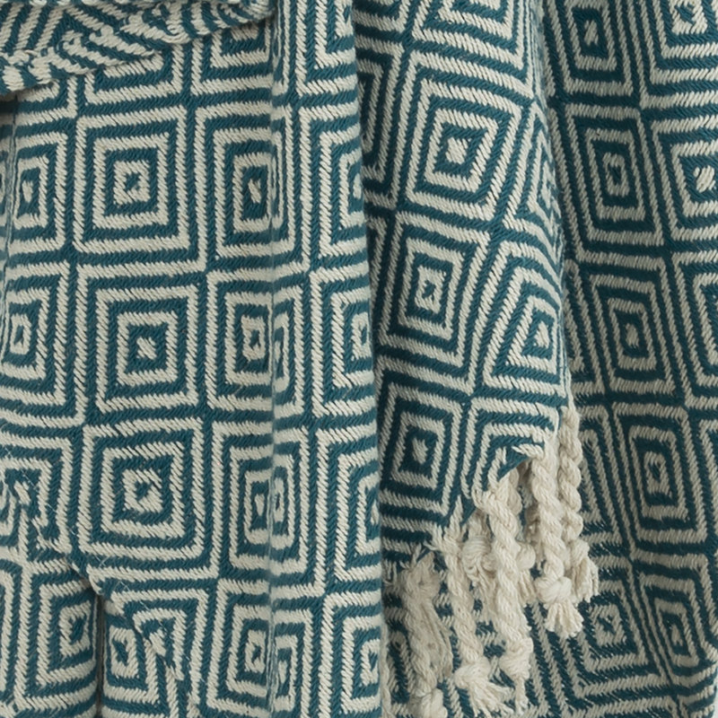 Teal and Natural Cotton Geometric Throw Blanket with Fringed Edge