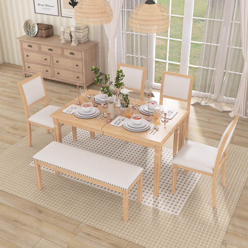 Ensemble de salle à manger vintage extensible pour 6 personnes - table, 4 chaises et banc, Beige / Naturel