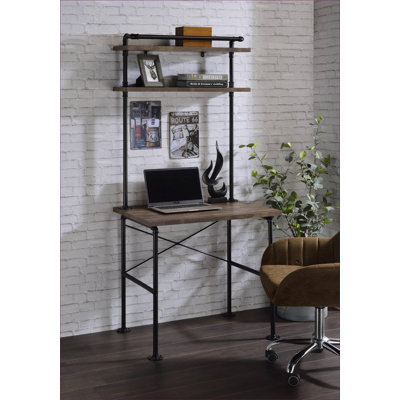 Bureaux, chêne rustique industriel & amp; Bureau d'écriture noir avec tablettes à 2 niveaux | Métal | Bois synthétique
