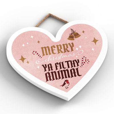 Xmas Merry Christmas Ya Filthy Animal Wooden Christmas Heart Plaque