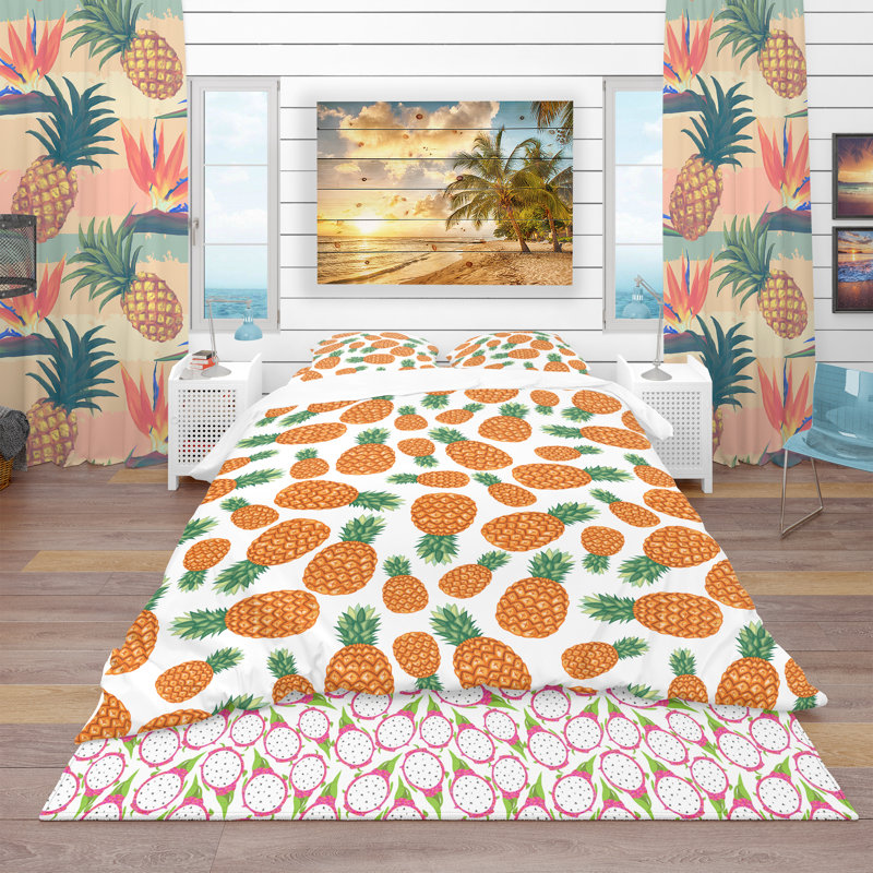 Pineapples Fruit Pattern - Food Tropical Duvet Cover Set - Microfiber Polyester, Full/Queen Duvet Cover + 2 Shams