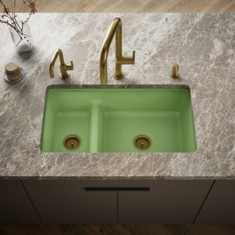Iron Tones 33" L x 18.75" W Large/Medium Double-Bowl Kitchen Sink, Fresh Green