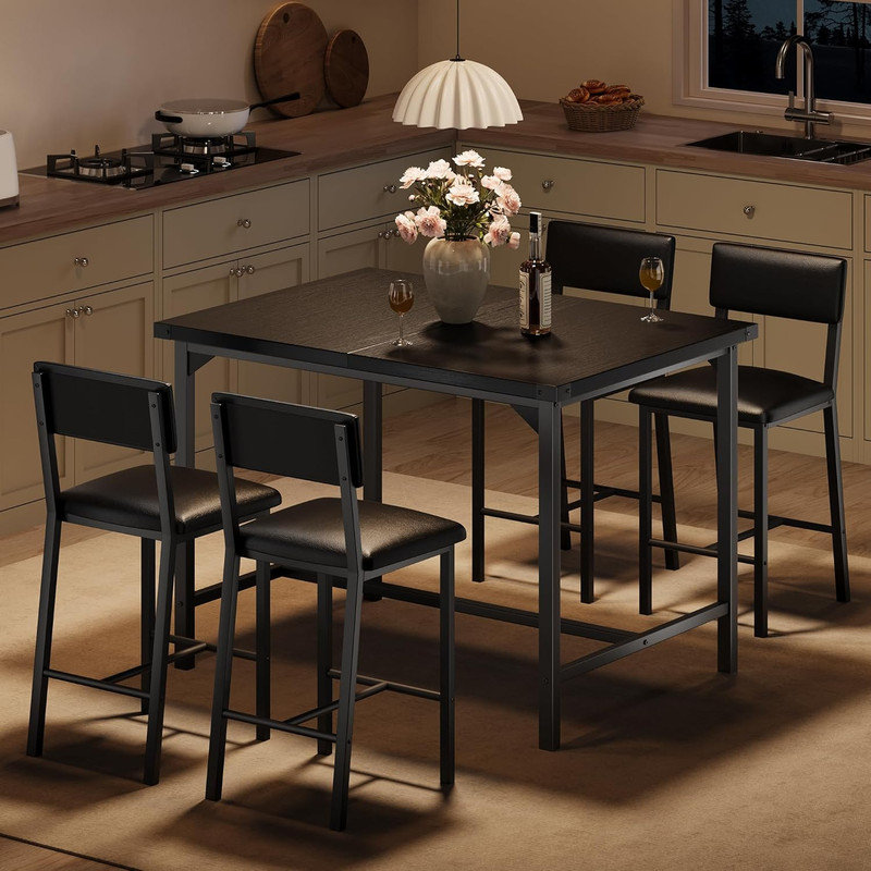 Dining Table Set for 4 – 5-Piece Counter Height Table with 4 Upholstered Bar Stools, Footrest & Corner Protector for Kitchen, Apartment