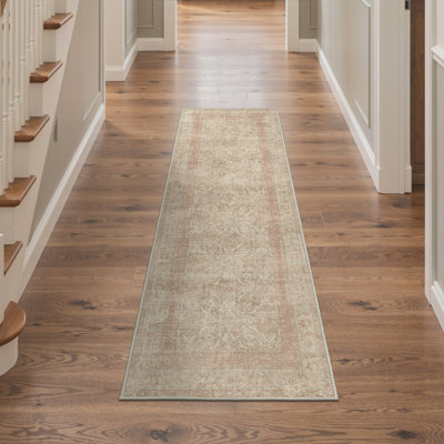 Oriental Machine Washable Performance Pink / Gray / Beige Indoor Runner Rug with Non-Slip Backing
