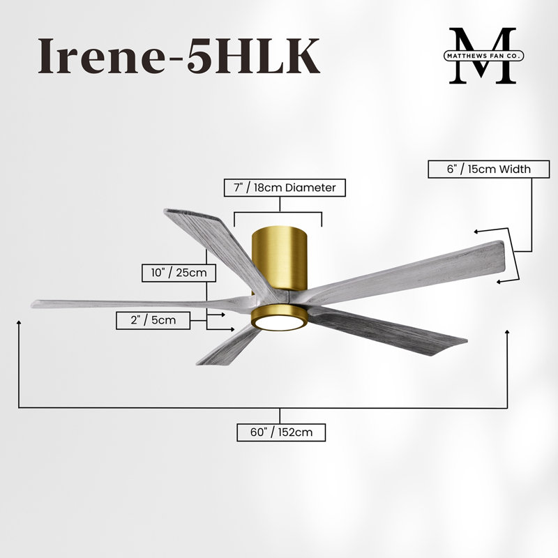 Irene Flushmount Light Kit 5 Blade LED Ceiling Fan, Barn Wood Tone, Brushed Brass, 60"