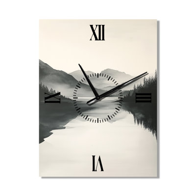 Horloge murale grand format Japandi en métal, Gentle Forest Lake Fog Horizon II