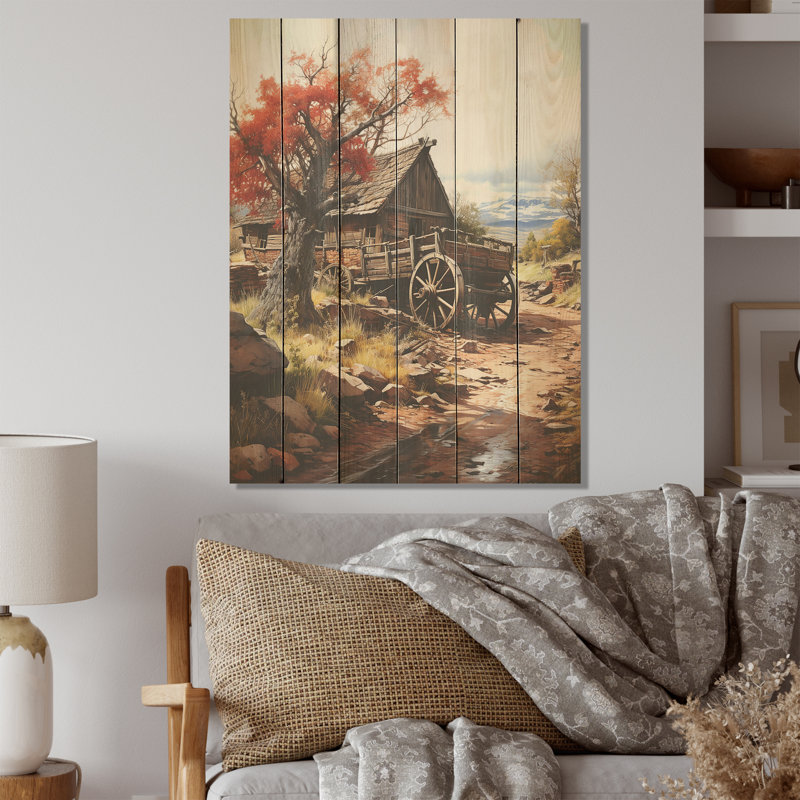 «Rustic Red Us Carriot Cart I - Old American Cart», art sur bois de pin naturel, H 20 po x l 10 po