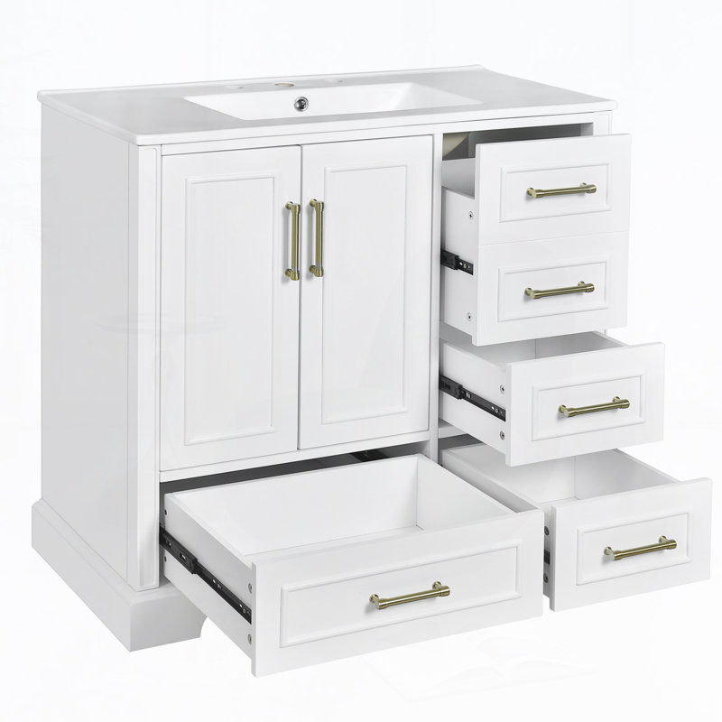 Meuble-lavabo 36 po avec lavabo en céramique, Blanc, Doré