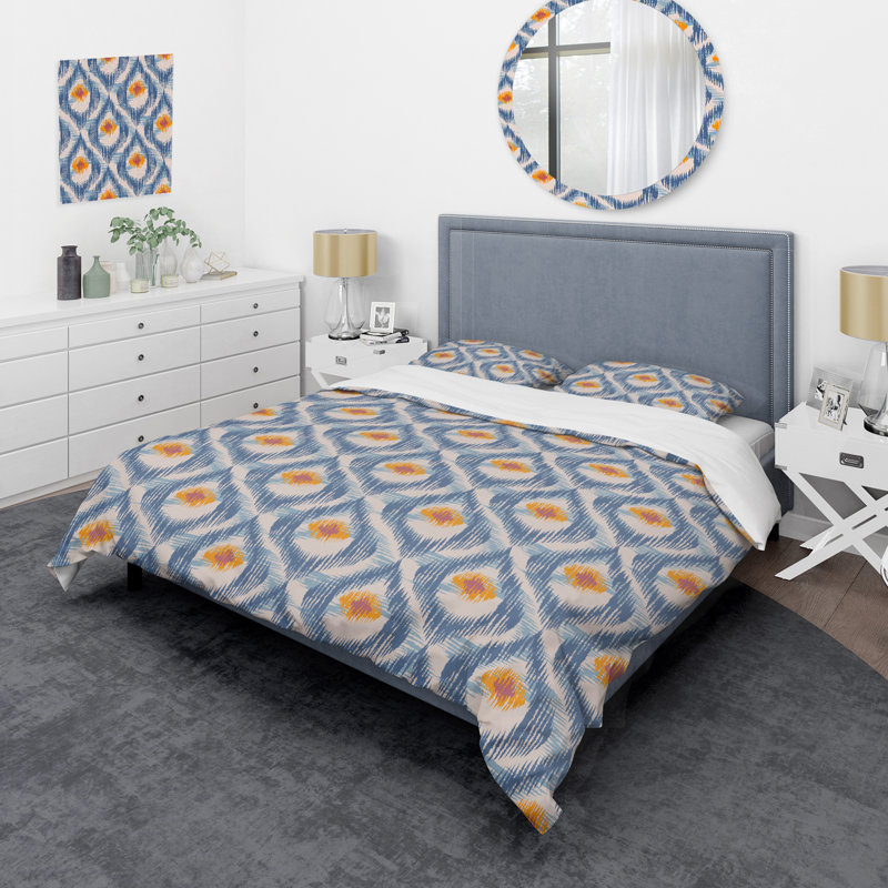 Bleu et orange Ikat Ogee - Ensemble de housse de couette abstrait - Microfibre de polyester