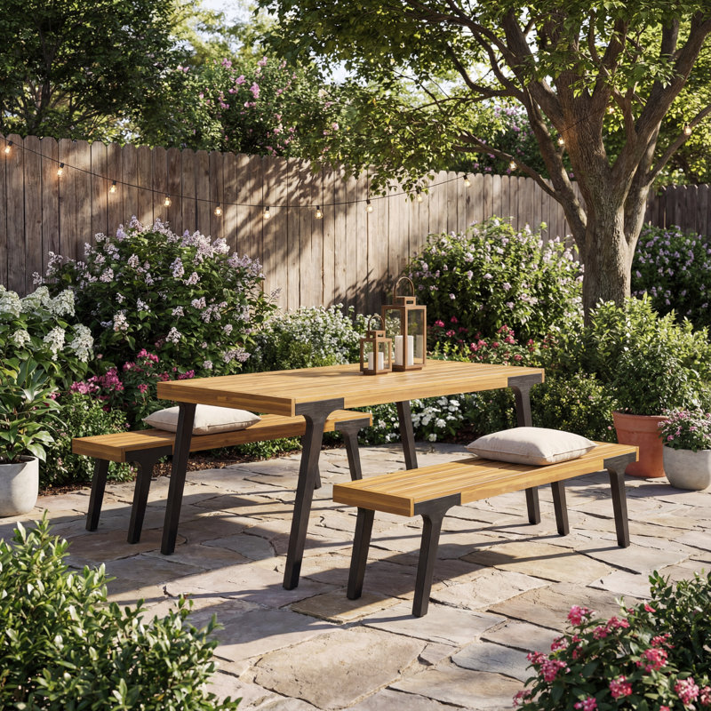 Ensemble de salle à manger d'extérieur moderne en bois d'acacia avec table à lattes et 2 bancs, l 69 po, pour patio et jardin