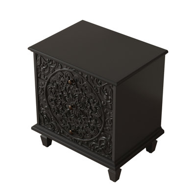 Table de chevet vintage en bois gaufré à volutes, avec 3 tiroirs