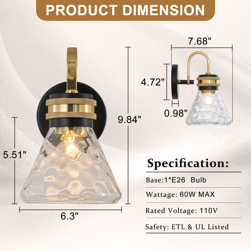 1-Light Transitional Matte Black and Brass Wall Sconce with Hammered Crystal Glass