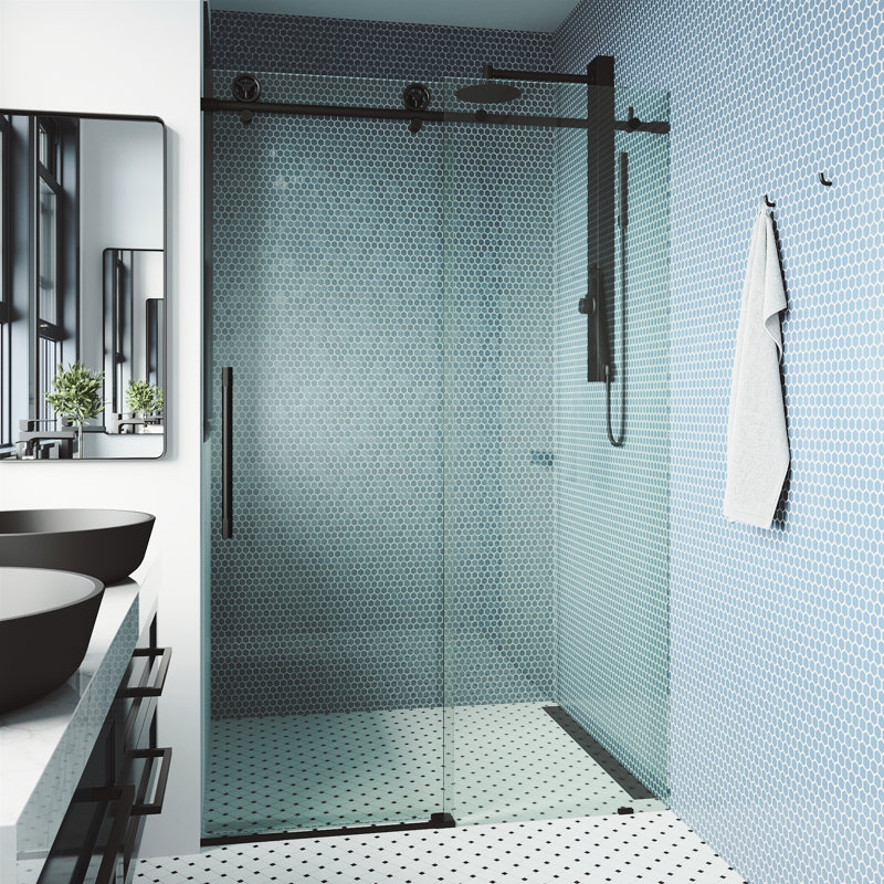 Porte de douche coulissante sans cadre avec verre transparent 3/8 po l 60-64 "x H 76" Cass, Noir mat