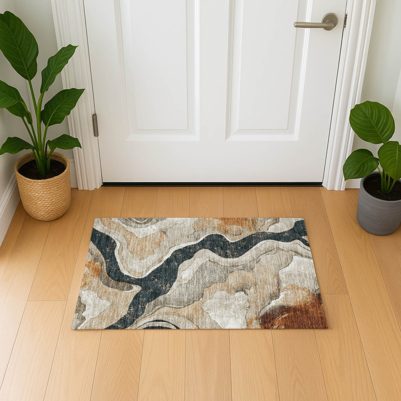 Tapis abstrait lavable à la machine de qualité supérieure Mayfield AMF2219, Mastic, 1'8" x 2'6"