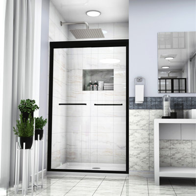 Porte de douche 48 po x 76 po noir mat - Élégante double porte coulissante avec fonction de nettoyage en verre trempé et nano 48 po x H 76 po