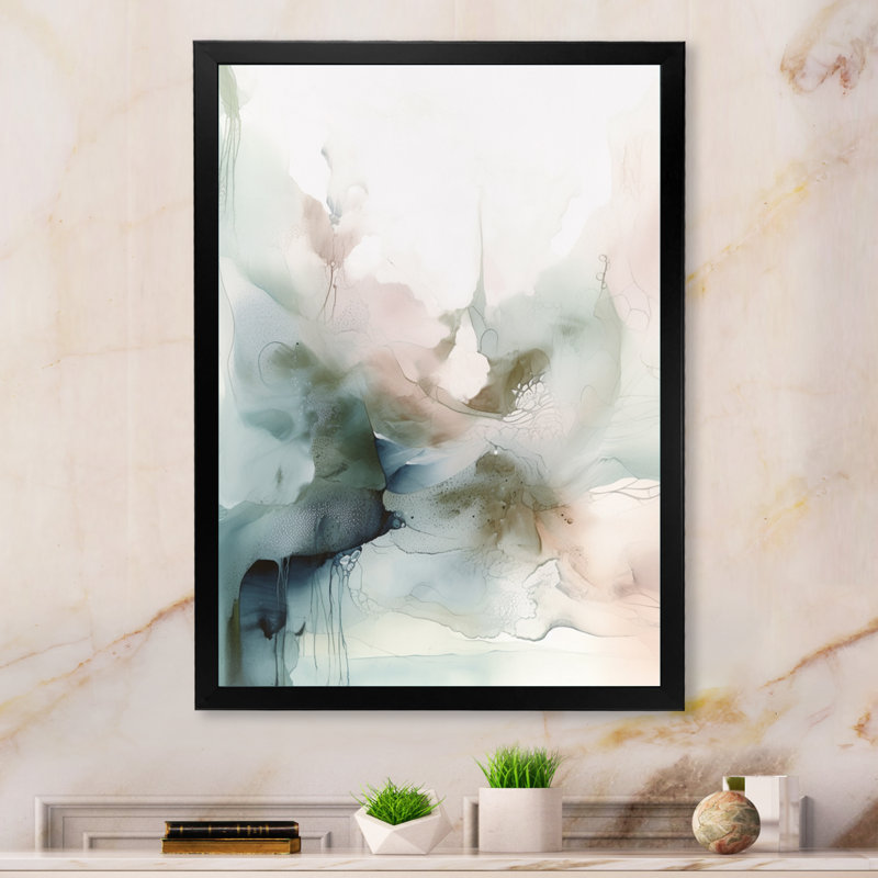 «Green and Cream Essence Of Modernity II», art mural abstrait en marbre, H 20 po x l 12 po, Impression encadrée, Black