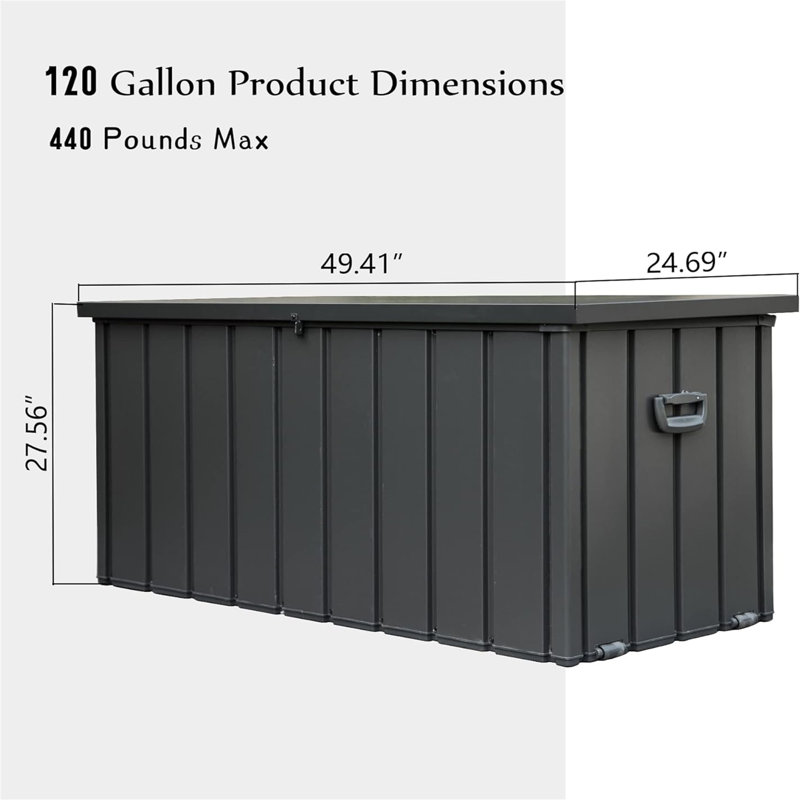 Boîte de rangement extérieure 120 gallons imperméable, Gris, H 27,56 po x l 49,41 po x P 24,69 po