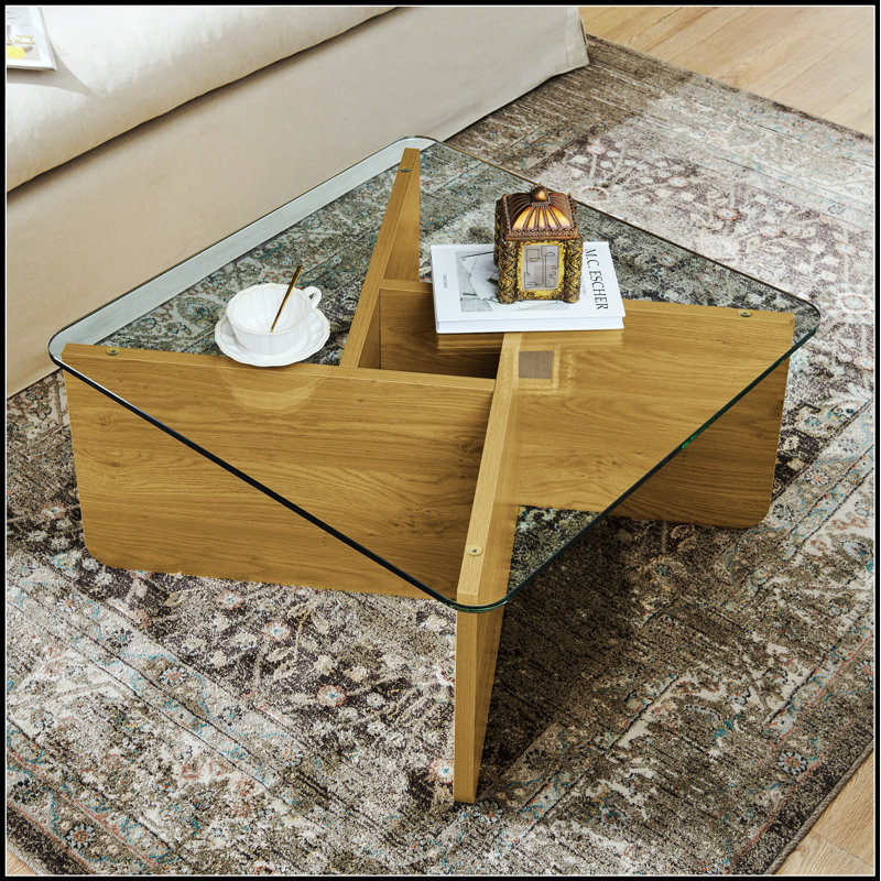 Table basse Mid-Century moderne carrée avec plateau en verre trempé, idéale pour les petits espaces et les décors contemporains