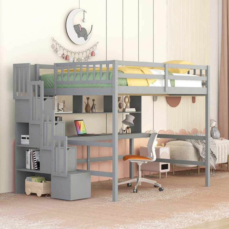 Lit mezzanine avec bureau et tablettes, gris, escalier inclus - Optimisez la disposition de la chambre à coucher
