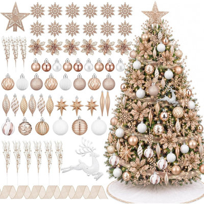 Champagne Christmas Tree Ornaments Set, Elegant Ball Ornaments, Snowflakes, Icicles, Ribbon, Star Topper, Flowers & Berry Stems