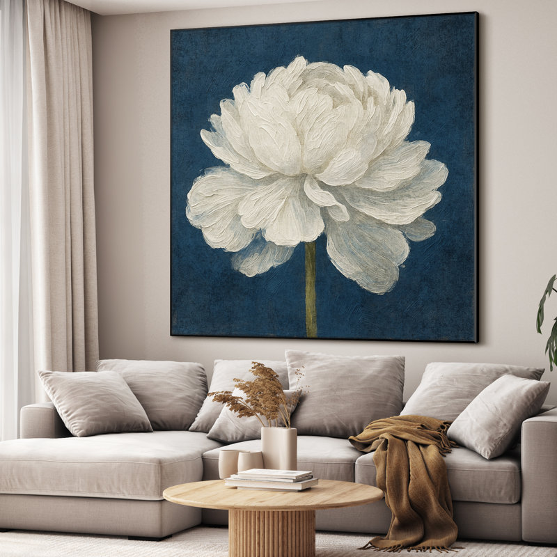 Très grande reproduction d'art sur tissu - Élégante pivoine blanche à motif floral classique pour des espaces modernes et sophistiqués, décoration pour salon ou chambre à coucher - «Assemblage requis du cadre (cadre non fini)»