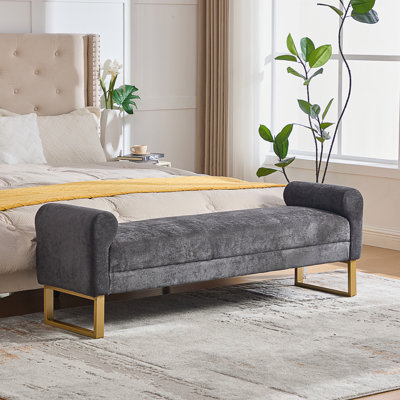 Upholstered Bench with Arms and Gold Legs for Bedroom and Living Room