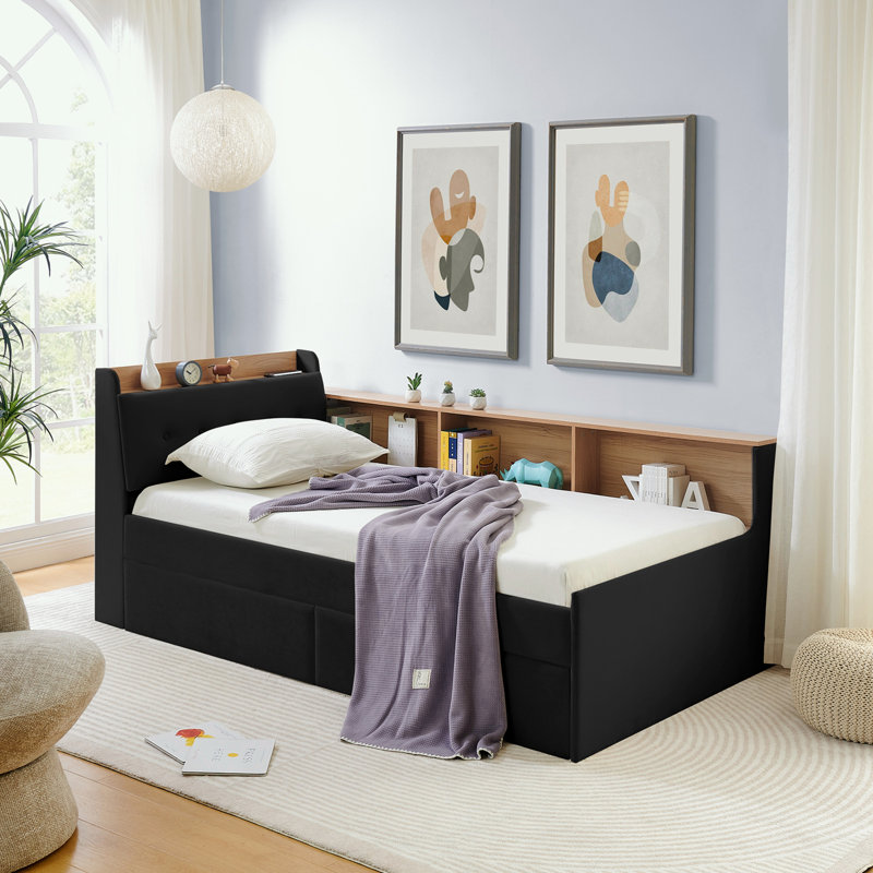Twin Size Upholstery Velvet Day Bed with Storage Headboard and Wireless Charging, Black