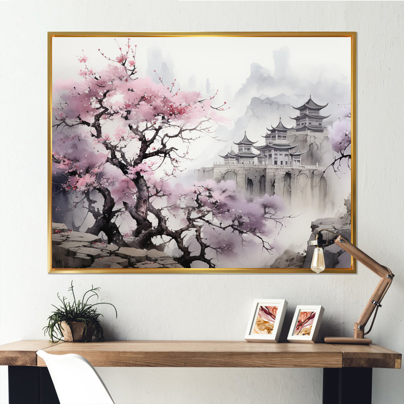 Rose, paysage floral japonais, paysage I - Japon, art mural, Cadre doré à coins fermés, H 30 po x l 40 po x P 1,5 po