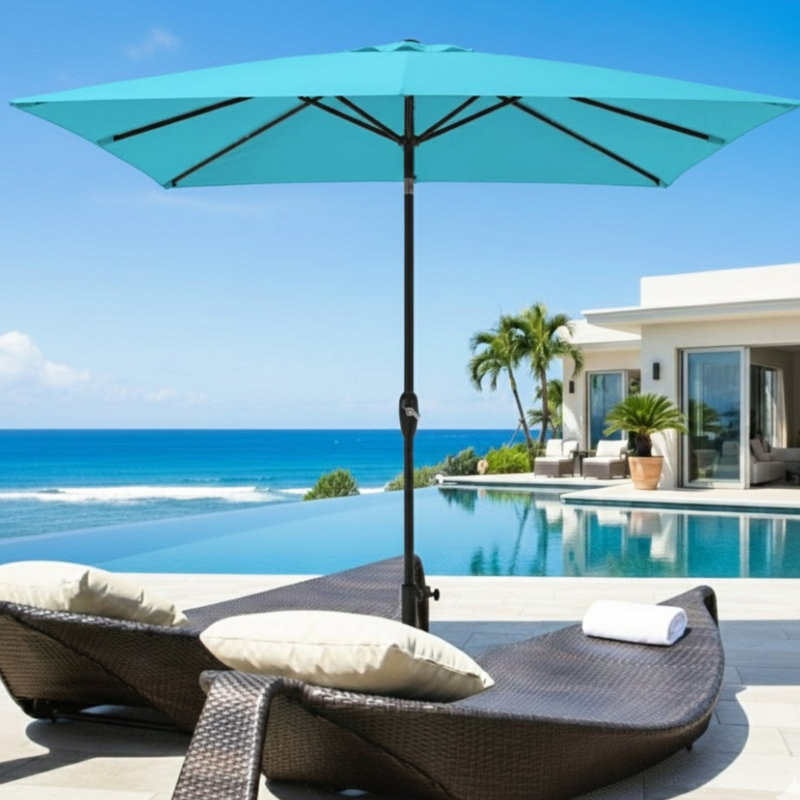 Parasol de marché rectangulaire 6,5 pi x 10 pi turquoise avec inclinaison à bouton-poussoir pour abat-jour de patio à 360 degrés, inclinable, - auvent pour piscine, cour arrière et - sans base incluse