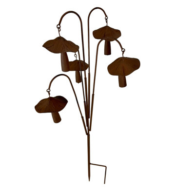 Piquet de jardin rustique en forme de champignon avec 5 cloches en métal brun mat, 30 pouces de haut