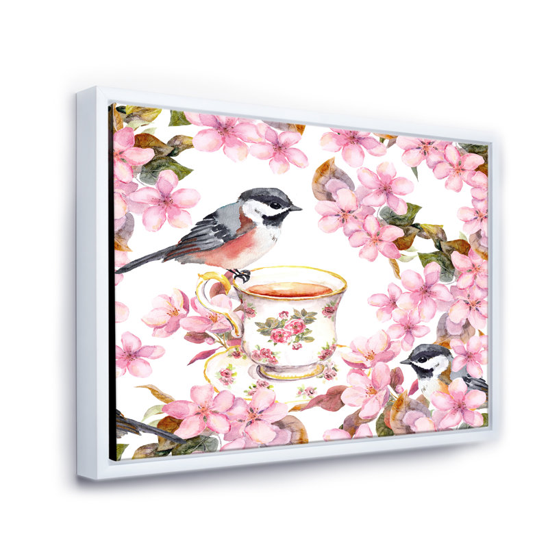 Tasse à thé oiseaux et fleurs - Peinture sur toile, Cadre blanc, H 12 po x l 20 po x p 1 po