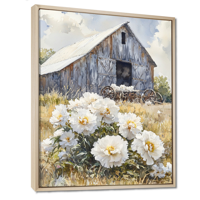 Pe pivoines près de la laiterie, H 20 po x l 12 po, Reproduction avec cadre flottant, Crème, crème