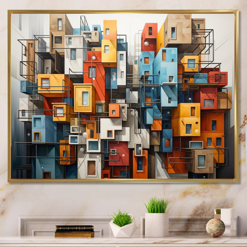 " Cityscape Bluiding Geometric Collage I ", 34" H x 44" W x 1.5" D, Gold Floater Framed