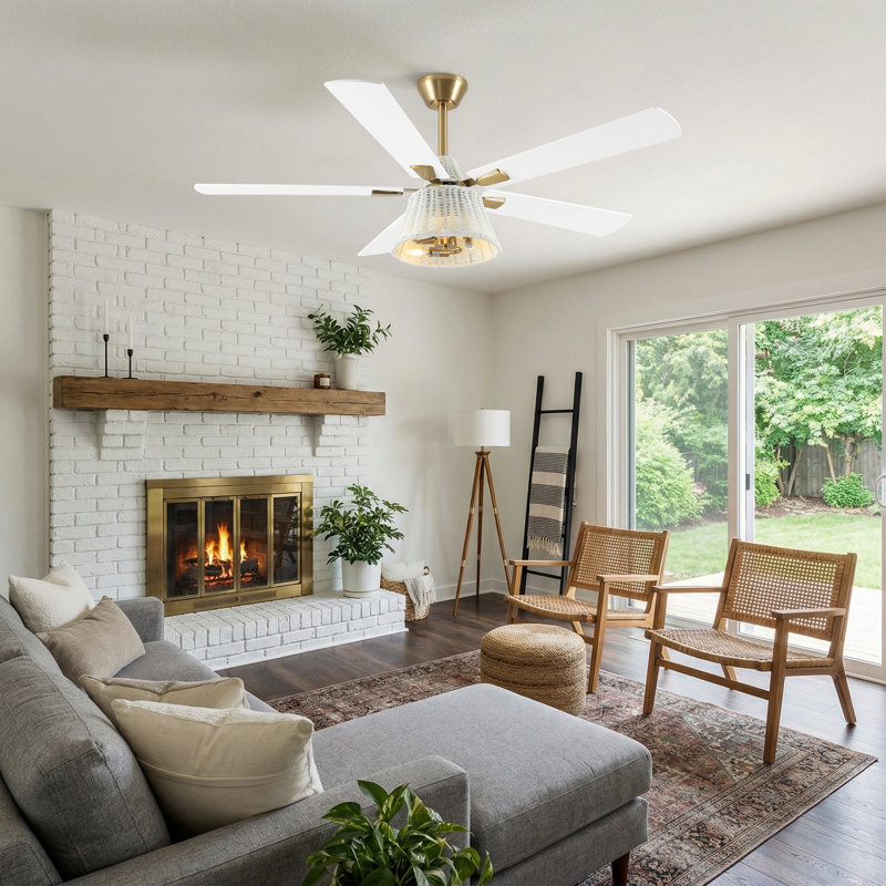 52" Rattan White Ceiling Fan With Light Kit And Remote Control