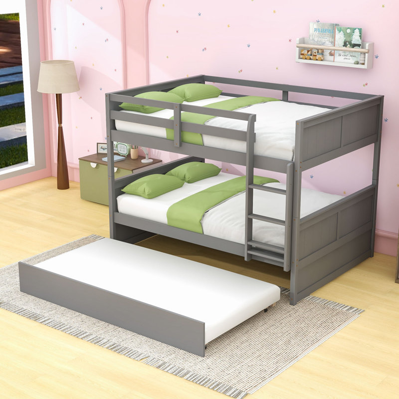Lit superposé double en bois polyvalent avec lit gigogne simple et garde-corps de sécurité, Gris